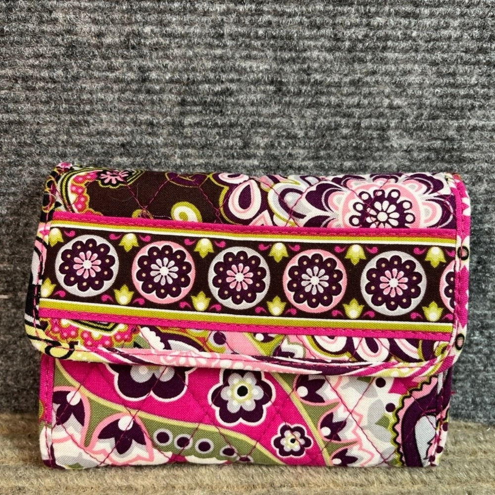 Vera Bradley Plum Crazy Quilted Cotton Trifold Wallet Pink Purple Paisley Floral - Picture 2 of 8